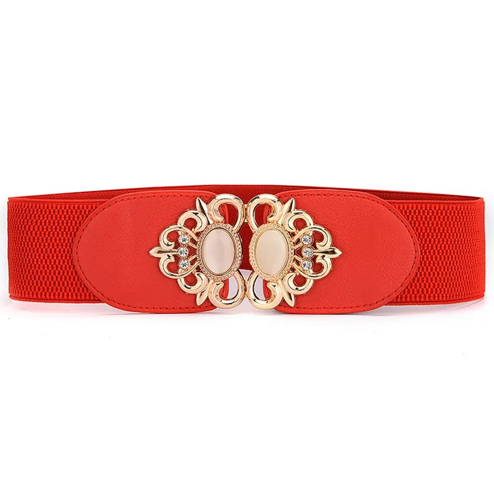 Women's Fashionable Golden Imitation Gemstone Shape Elastic Waist Closure With Double Hook Buckle Wide Belt