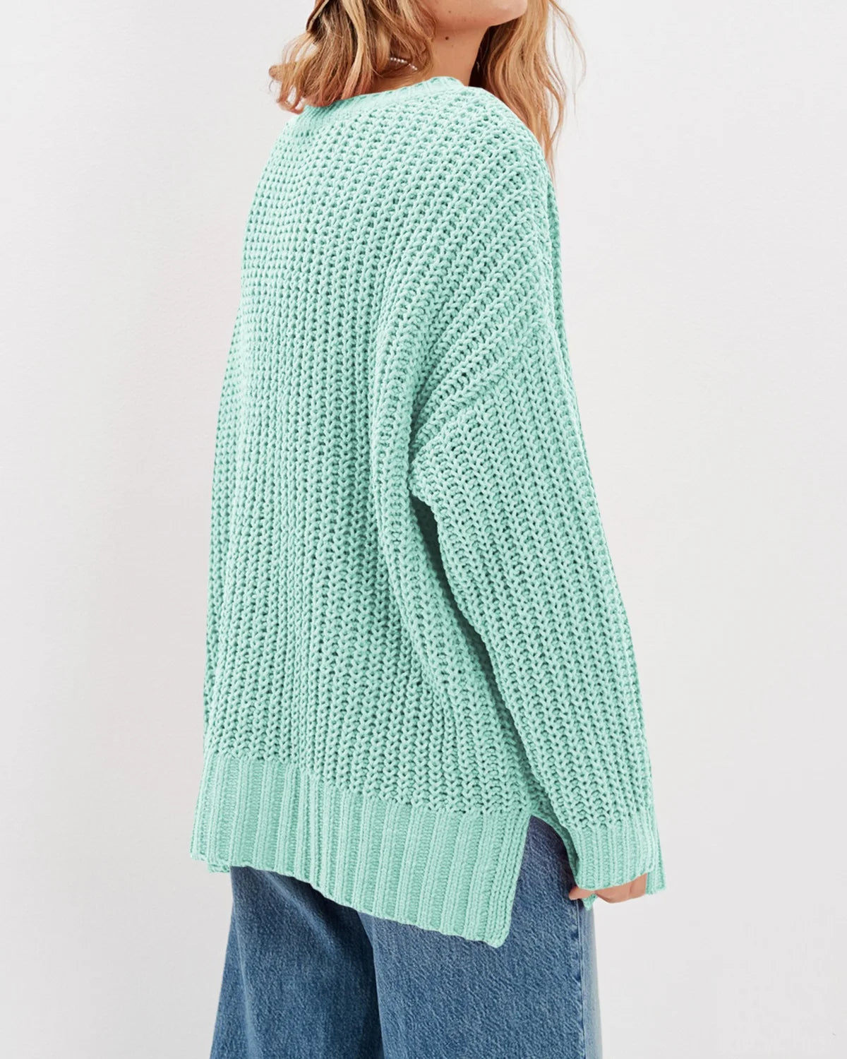 Womens Solid Knit Sweaters Oversized Crew Neck Long Sleeve Slouchy Ribbed Knitwear