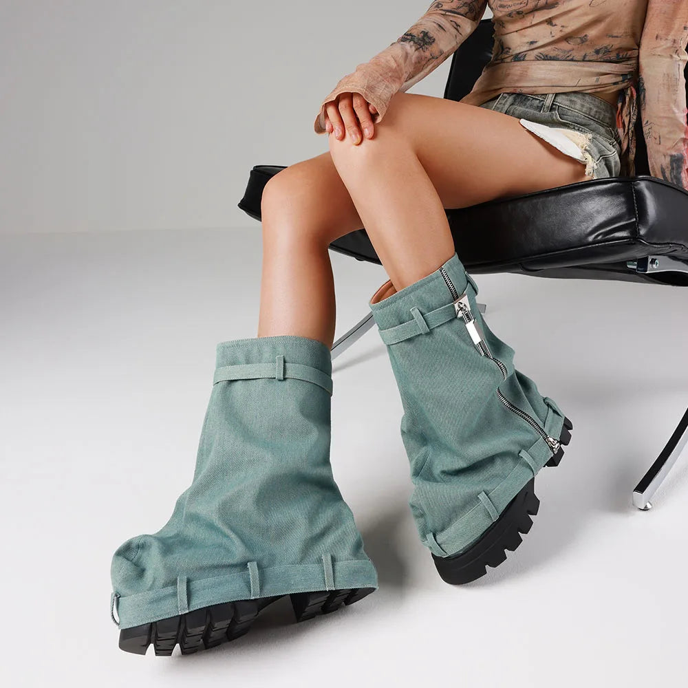 Punk  Fold Over Boots Slouchy Boots Wide Calf Pleated Platform Denim Boots Chunky Stacked Boots Mid Calf Boots