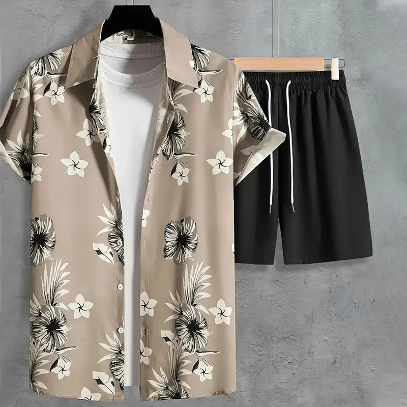 Fun 3D Flower Pattern Men's Hawaiian Shirt Sets Summer Short Sleeve Tops Beach Shorts 2 Piece Casual Vacation Outfit Clothing