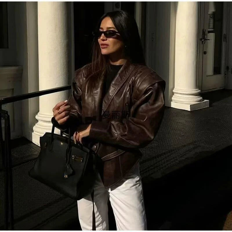 Faux Leather Jackets for Women Chic Dropped Shoulder PU Jacket Coat Casual Office