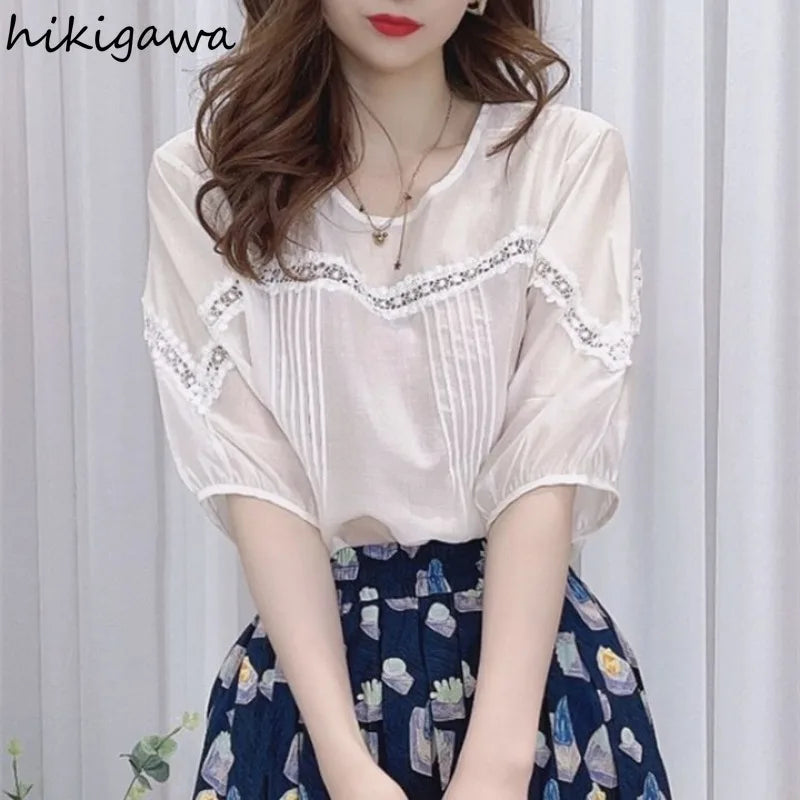 Vintage Blouse  Short Sleeve O-neck Patchwork Lace Chiffon