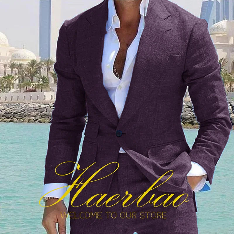 Summer Men's Linen Suit Set of 2 Wedding Groom Tuxedo Formal Lapel Jacket Pants Fashion Tailored Blazer for Men