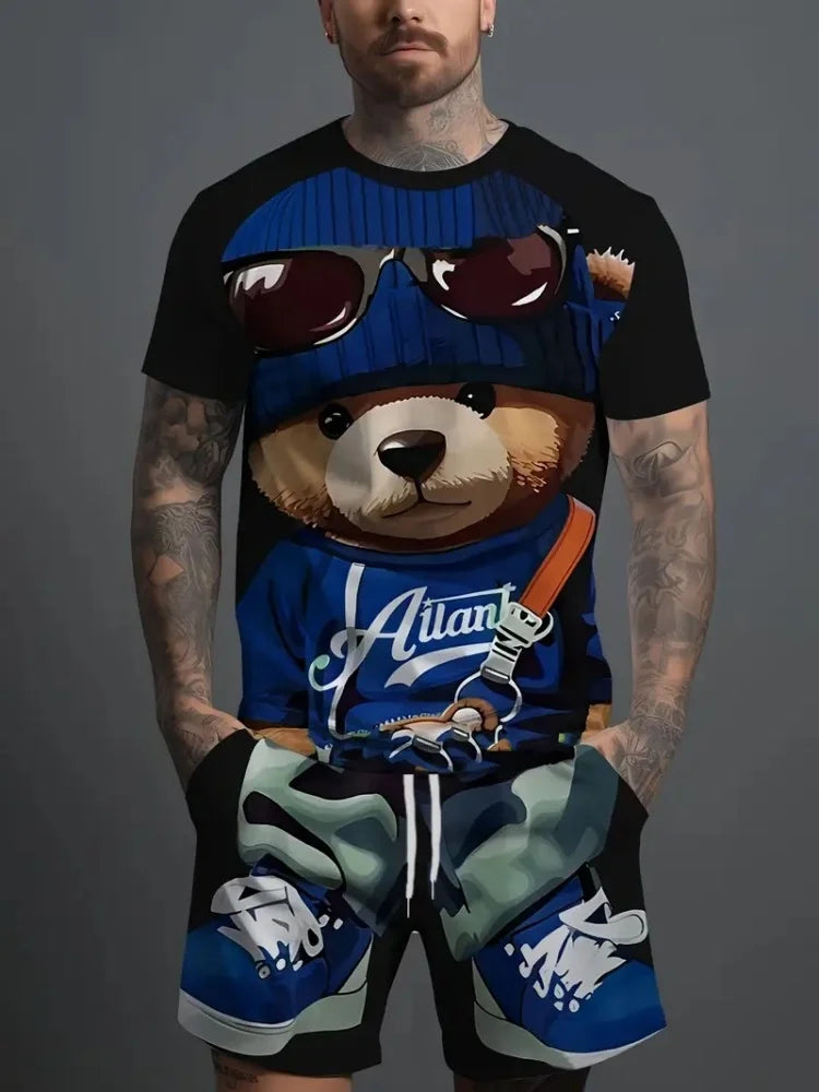 Hip Hop Style Personality Cartoon 3D Printed Men's Round Neck Short Sleeve 2 piece Fashionable Street Sports All-match Men's Suit