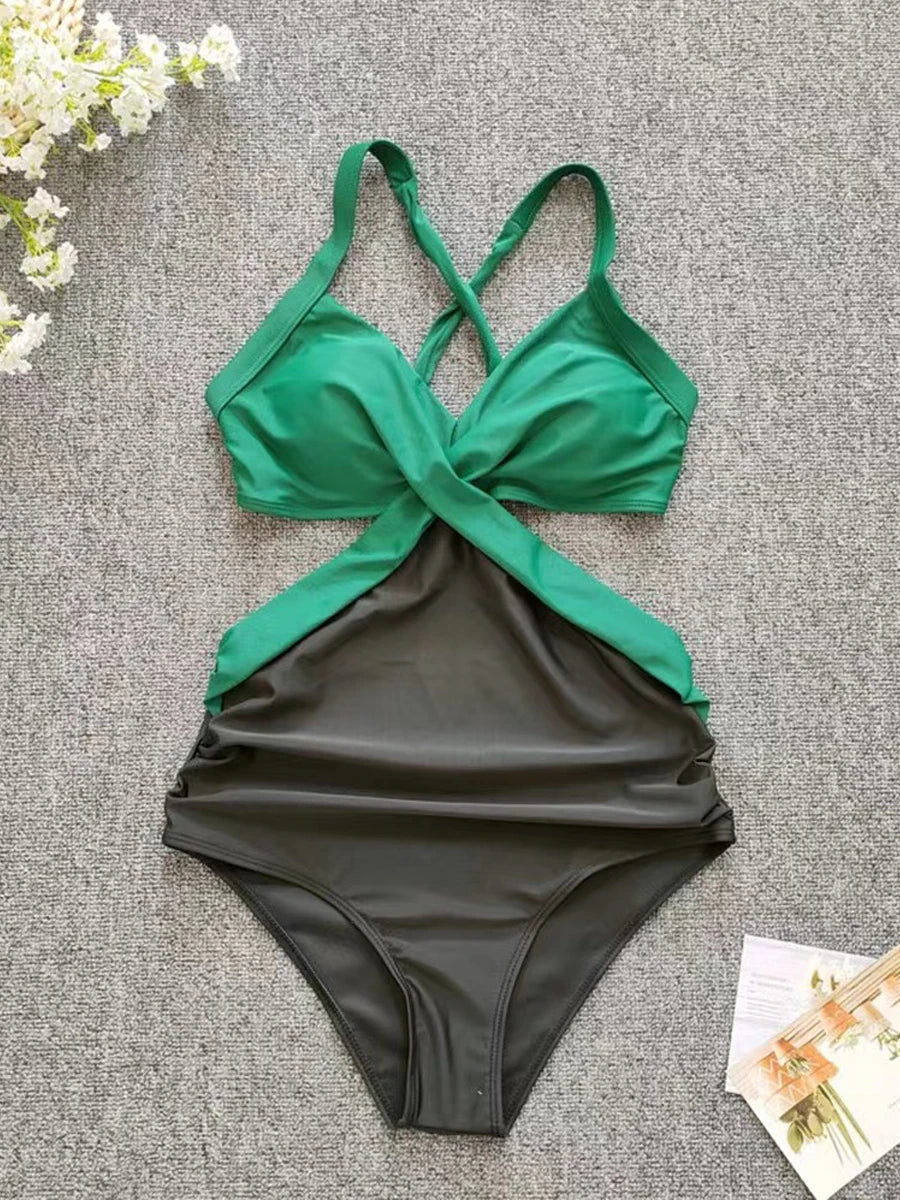 Solid Printed Swimwear Women Halter One Piece Swimsuit Female Swimming Monokini Suit Padded Beachwear