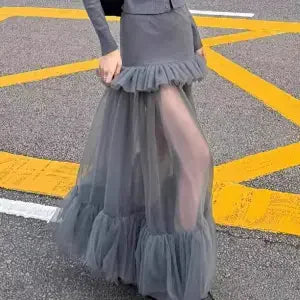 High Waist Patchwork Gauze  Casual Summer Long Skirt