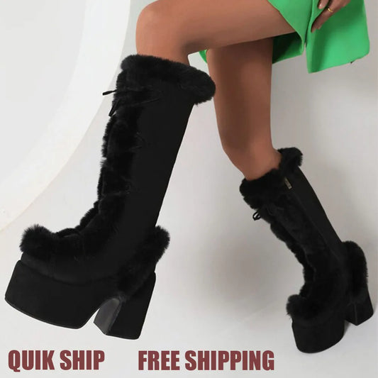 Mid Calf Furry Winter Snow Boots Flock Faux Fur Platform Chunky High Heel Fleece Side Zipper