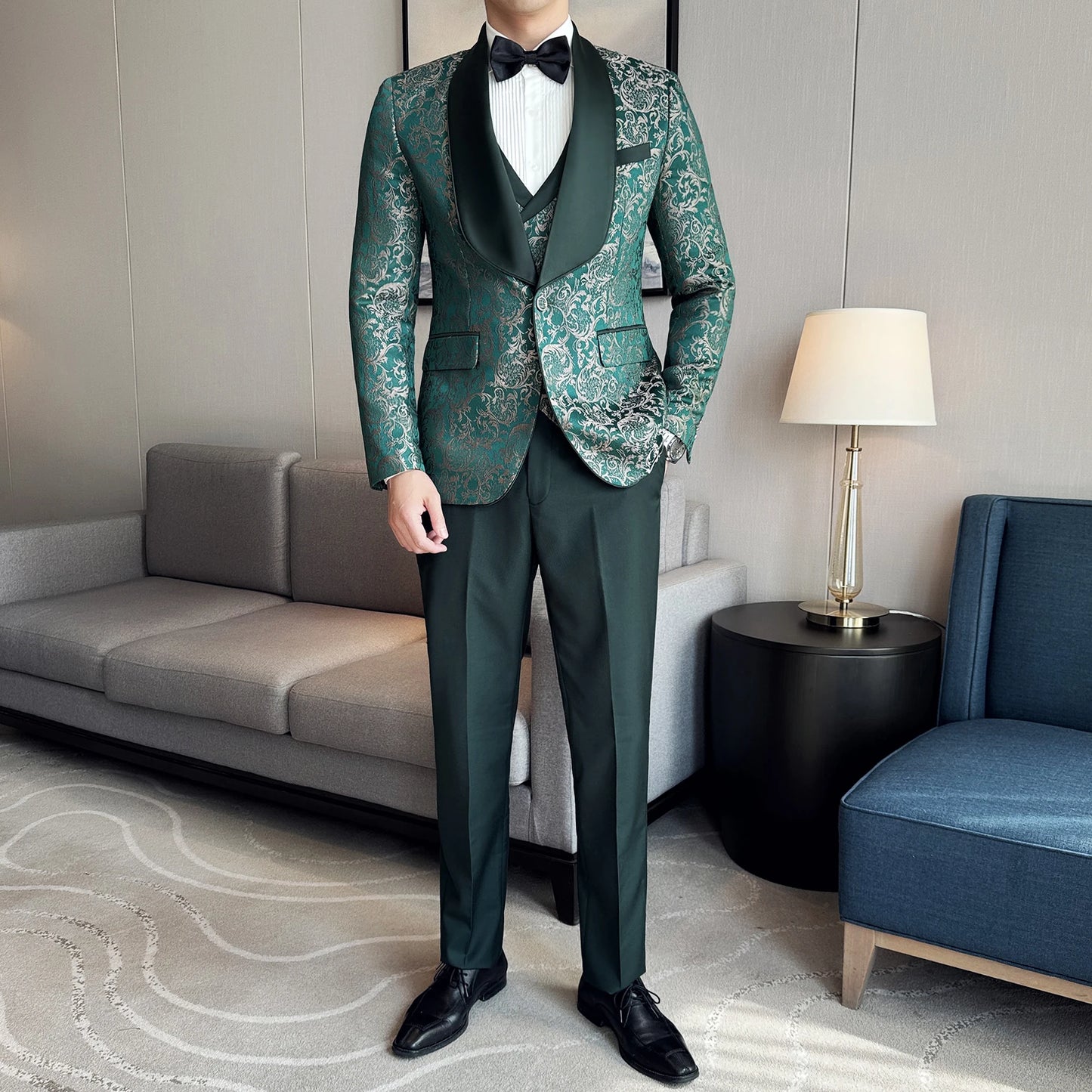 Men's British Style Business Casual Three-Piece Suit Vest Trousers High-Density Jacquard Wedding Prom