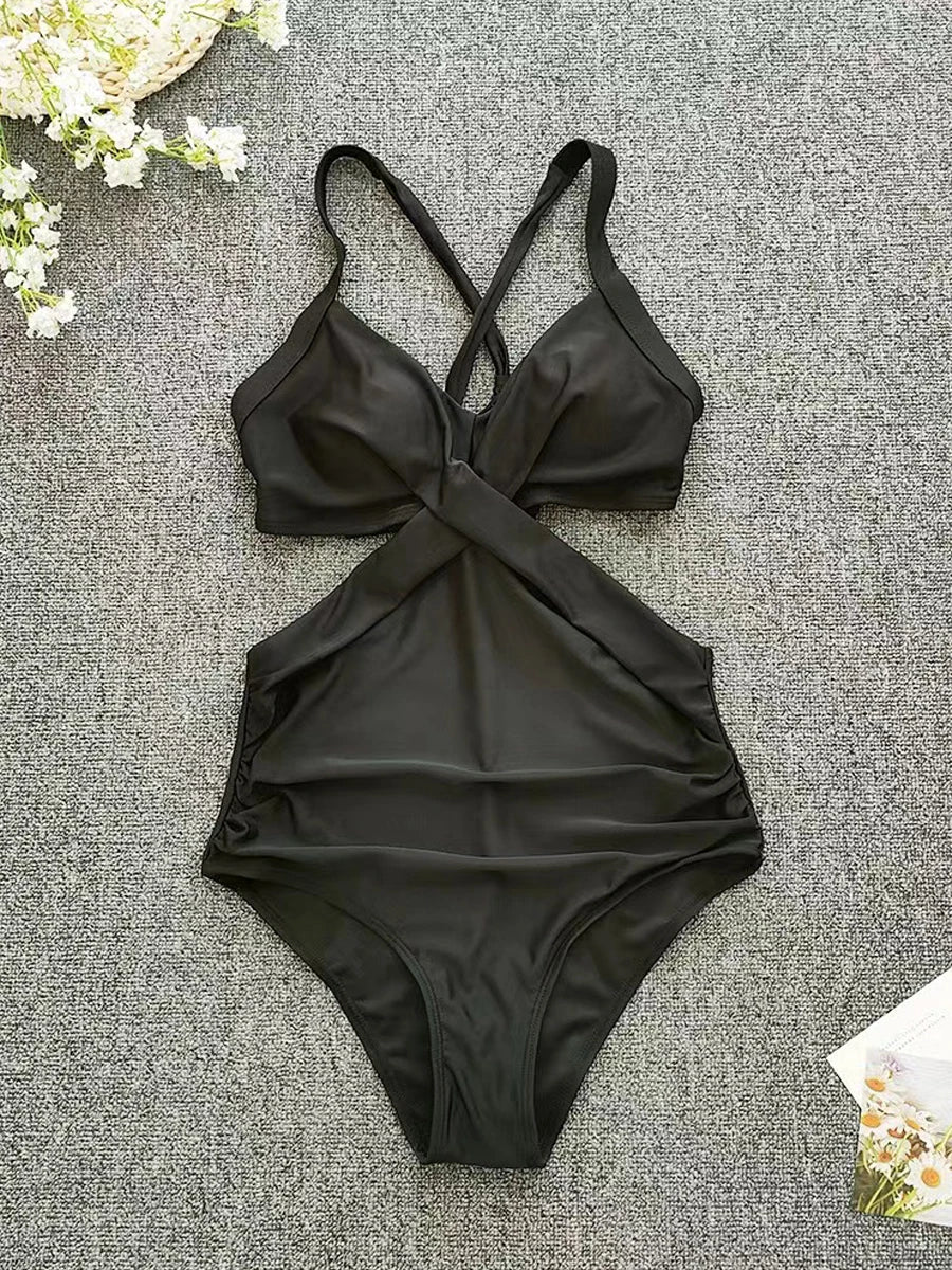 Solid Printed Swimwear Women Halter One Piece Swimsuit Female Swimming Monokini Suit Padded Beachwear