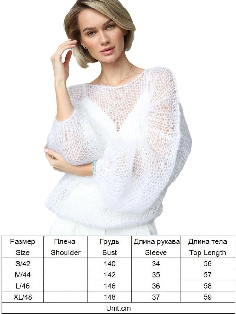 Women's Knitted Sweaters Lady Hollow out Mesh Thin Pullover See Through Look Lantern Sleeve Loose Tops Smock