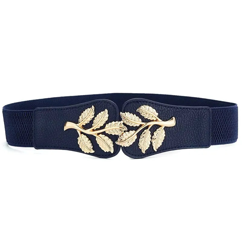 Women's Belt Fashion Waist Cover Golden Leaf Elastic Waist Closure With Double Hook Buckle Wide Belts Paired With Skirt