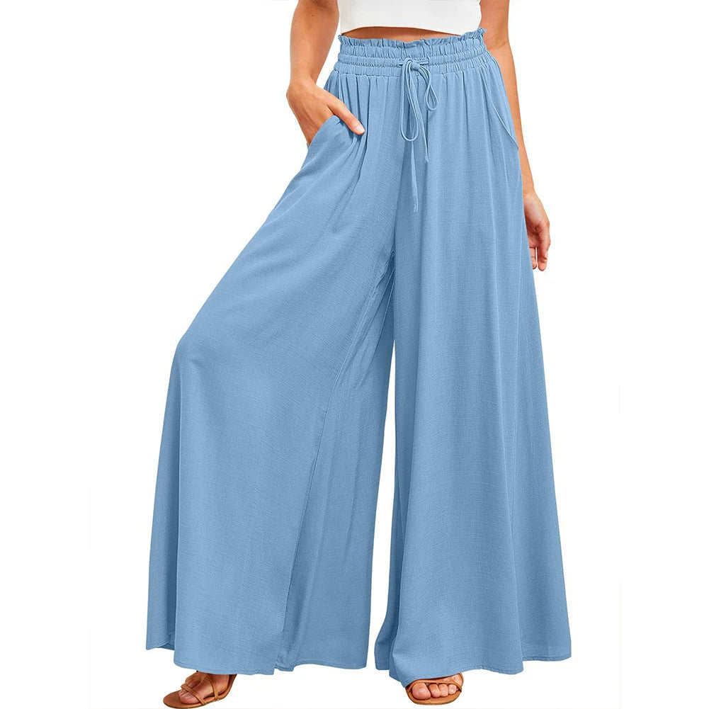 Women High Waisted Palazzo style pants with Elastic Waistband Drawstring Long Trouser Solid Color Casual Long Pants