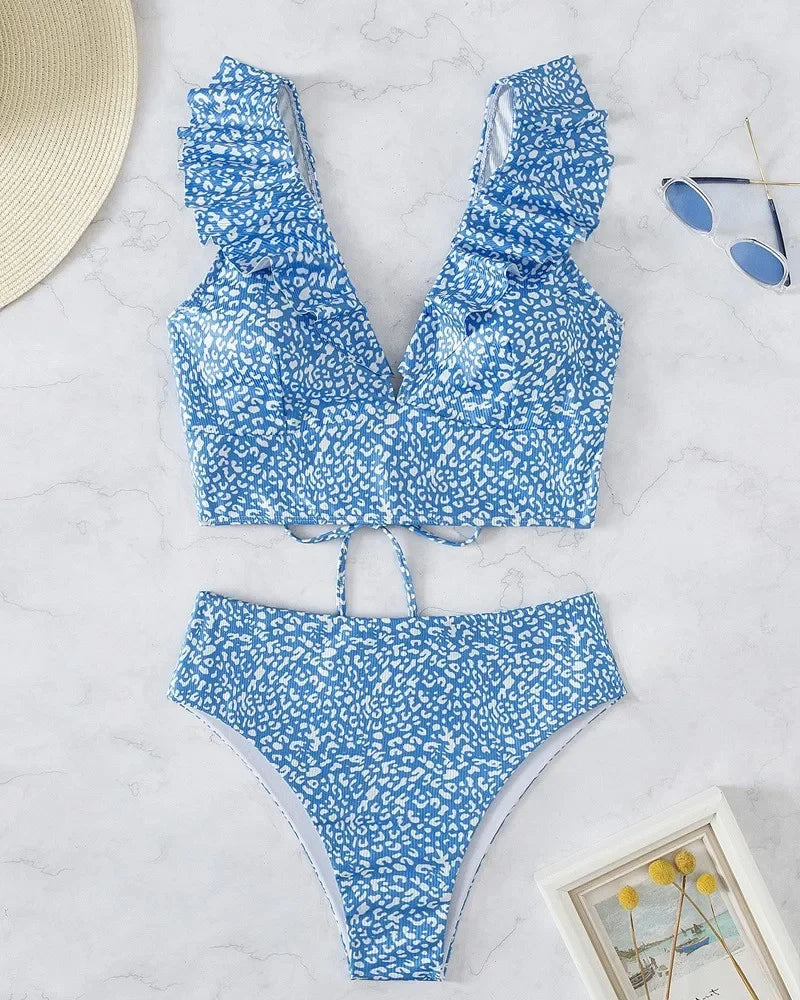 Solid Color  V-neck Ruffle Bikini  Women 2 Piece Swimwear Push Up Padded High Waist Swimsuit