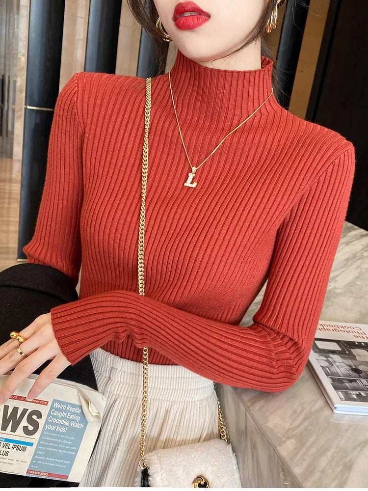 Elegant Solid Basic Knitted Tops Women Mock Turtleneck Sweater Long Sleeve Casual Pullover Simple Chic Clothes