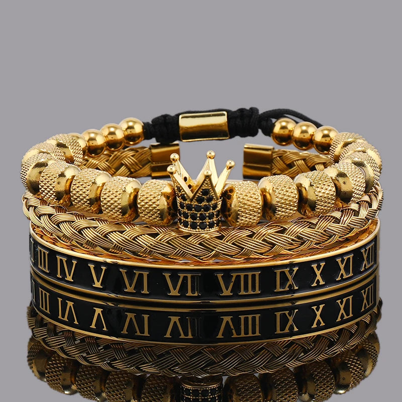 Luxury Set Crown Charms Man Bracelet Roman Stainless Steel Women Bangles Hand Jewelry