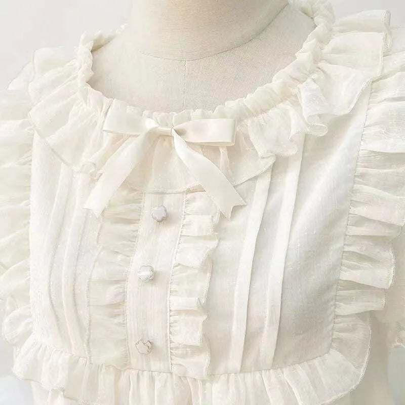 Vintage Ruffles Solid Bow Elegant Short Blouse