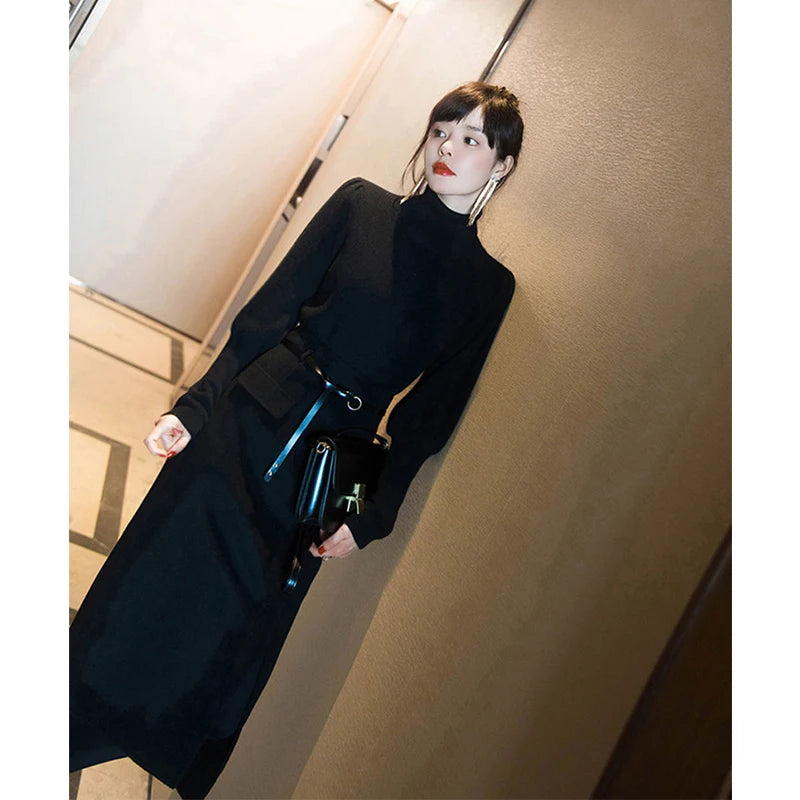 Belt Woolen  Slit Hip Wrap High Waist Slim A Line Skirt