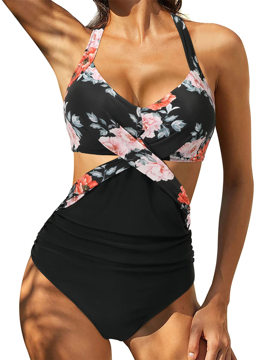 Solid Printed Swimwear Women Halter One Piece Swimsuit Female Swimming Monokini Suit Padded Beachwear
