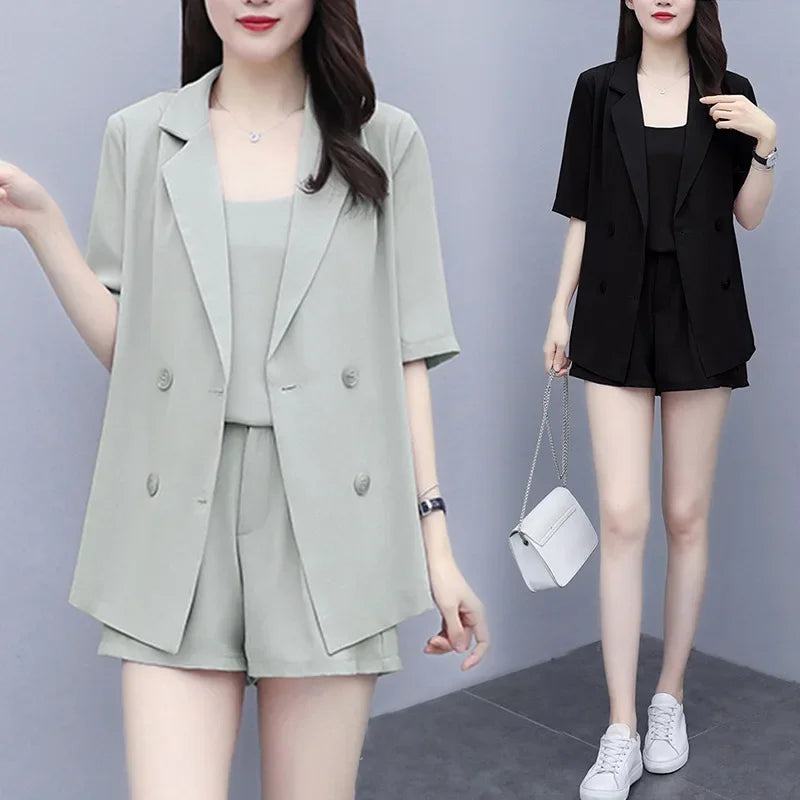 Plus Size Women's Fashionable Summer Set Cover Belly Shorts And Blouse Three Piece Set Stylish plus Size Clothing Ensemble