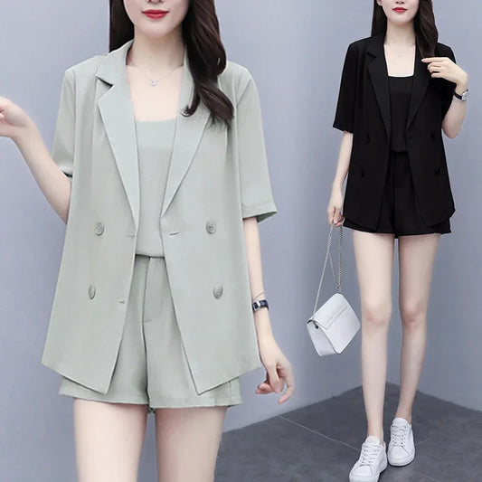 Plus Size Women's Fashionable Summer Set Cover Belly Shorts And Blouse Three Piece Set Stylish plus Size Clothing Ensemble