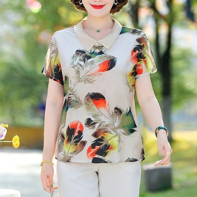 Natural Scenery Printed Peter Pan Collar Lace Beading Short Sleeve Tops