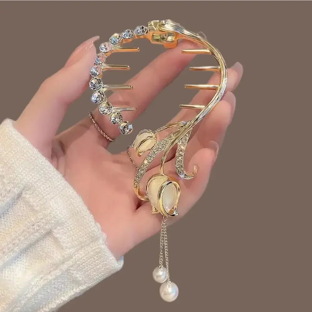 Flower Tassel Hair Clip Women Ladies Butterfly Rhinestone Pearl Metal Hair Claw Round Bun Ponytail Holder Hair Accessories