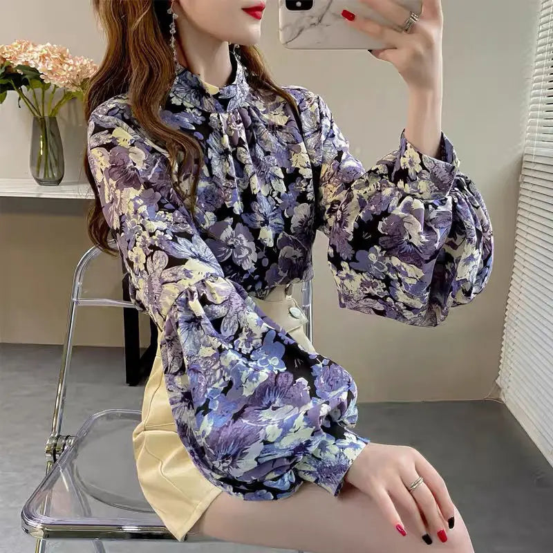 Floral Printed Lantern Sleeve Blouse Spring Autumn