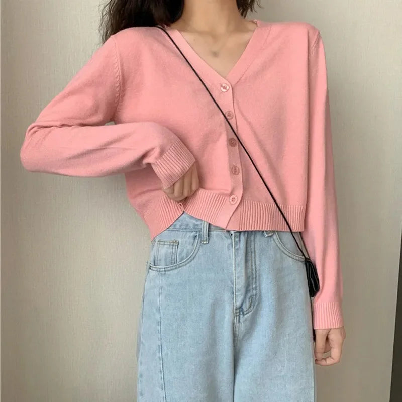 Women's Long Sleeve Cropped Cardigan V Neck Button Down Knit Single-breasted Cardigan Sweaters