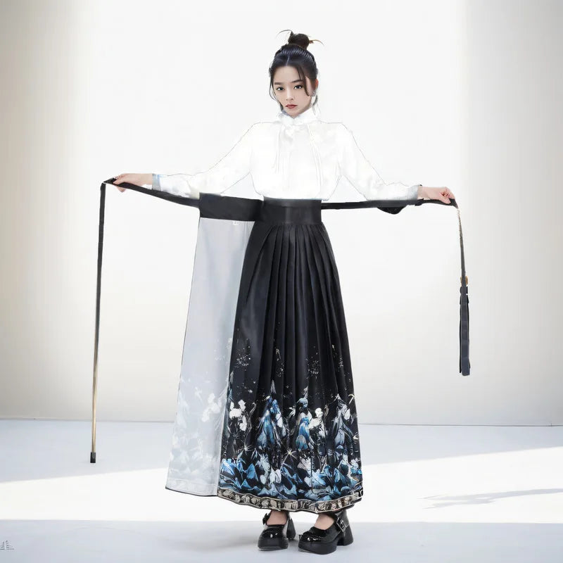 Vintage Maxi Chinese Style Horse Face Skirts  Pleated