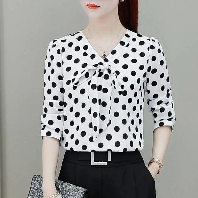 Bow Dot Print Elegant Blouse Spring Autumn