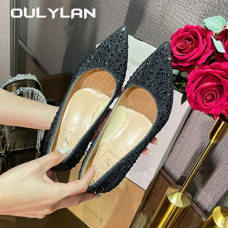 Pumps Slender Fashion Dress Sexy Heel High Heels Pointed Black Rhinestone