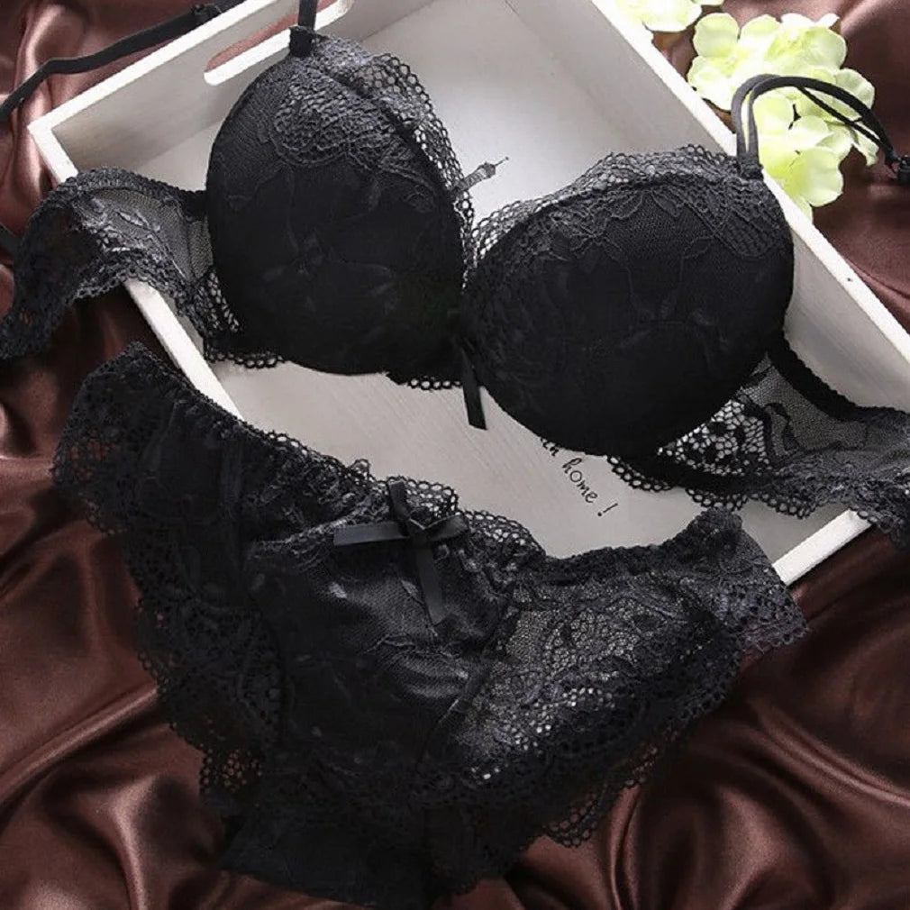 Lace Lingerie Set with Floral Embroidery and Matching Panties Sexy Push-Up Bra and Underwear Intimates