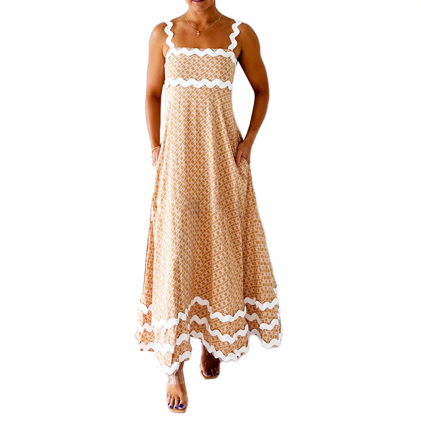 Floral Print Spaghetti Strap Maxi Dress with Side Slits and Adjustable Waist Tie