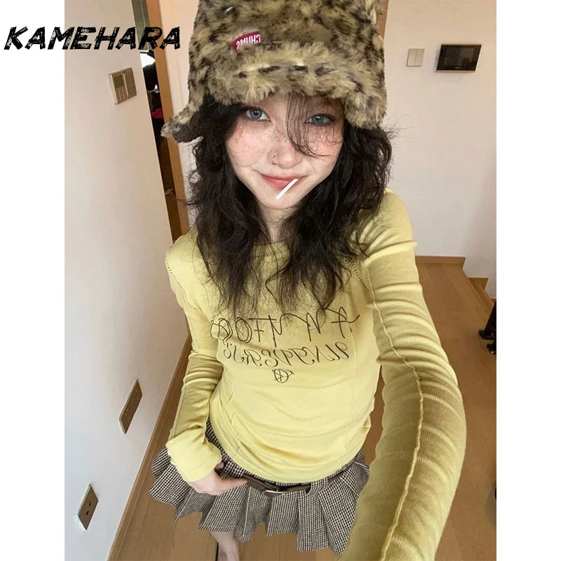 Retro Long Sleeve Spring  Lemon Yellow Round Neck Letter T-shirt