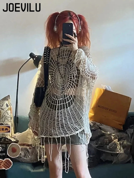 Hollow Knit Hooded  Goth Spider Web Sweater