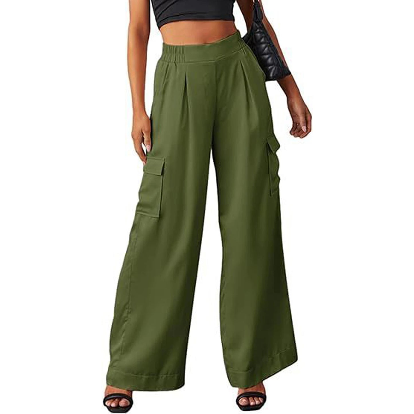 High Waisted Cargo Pants for Women Casual Loose Fit Wide Leg Trousers with Elastic Waistband and Multiple Pockets Stylish