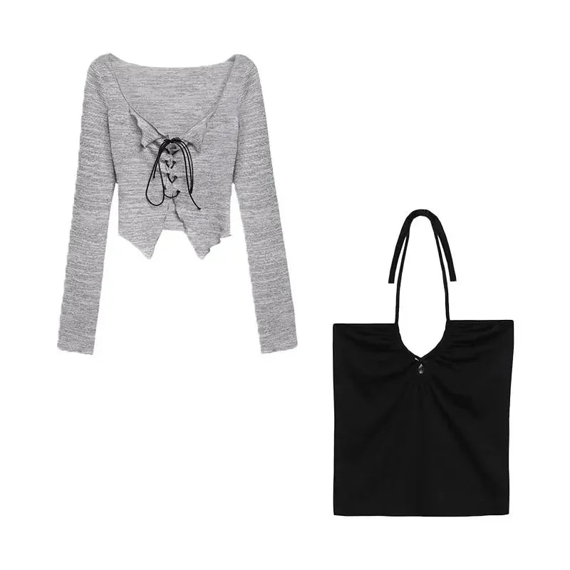 Two Piece Set Lace-up Cardigan with Cami Women's Sexy Slim Crop Long Sleeve Criss Cross Knit Tops
