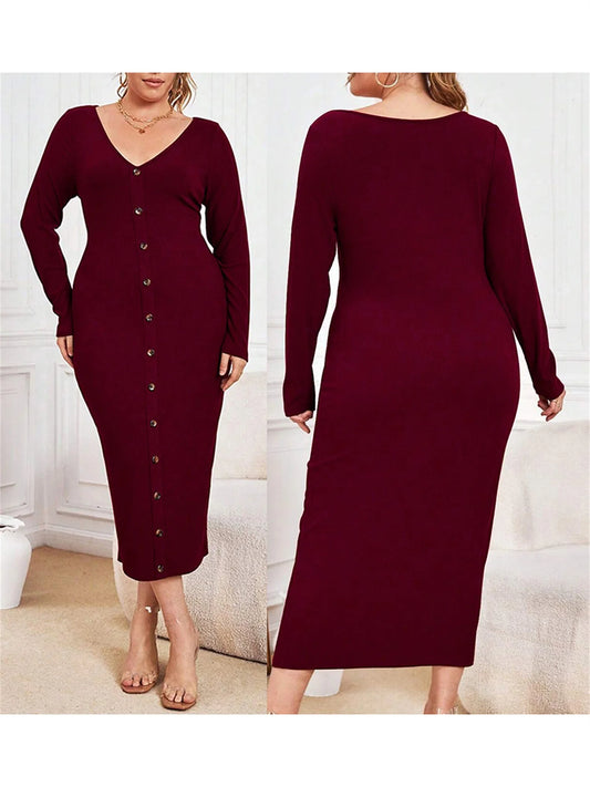 Ribbed Knit Maxi Dress with Long Sleeves and V-Neckline in Solid Color