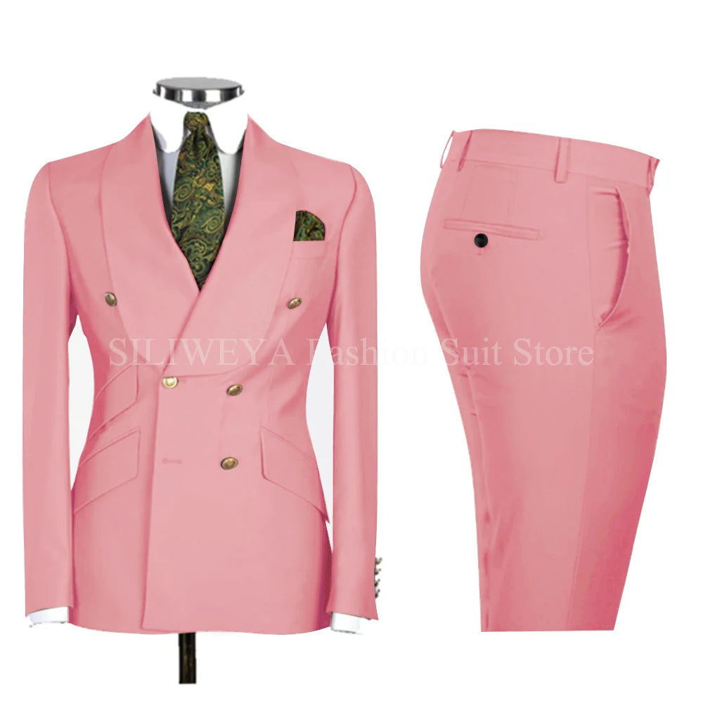 Gold Men Business Casual Men's Suits Jacket Pants Set Male Blazer Coat Pants 2PCS Slim Fit Suits