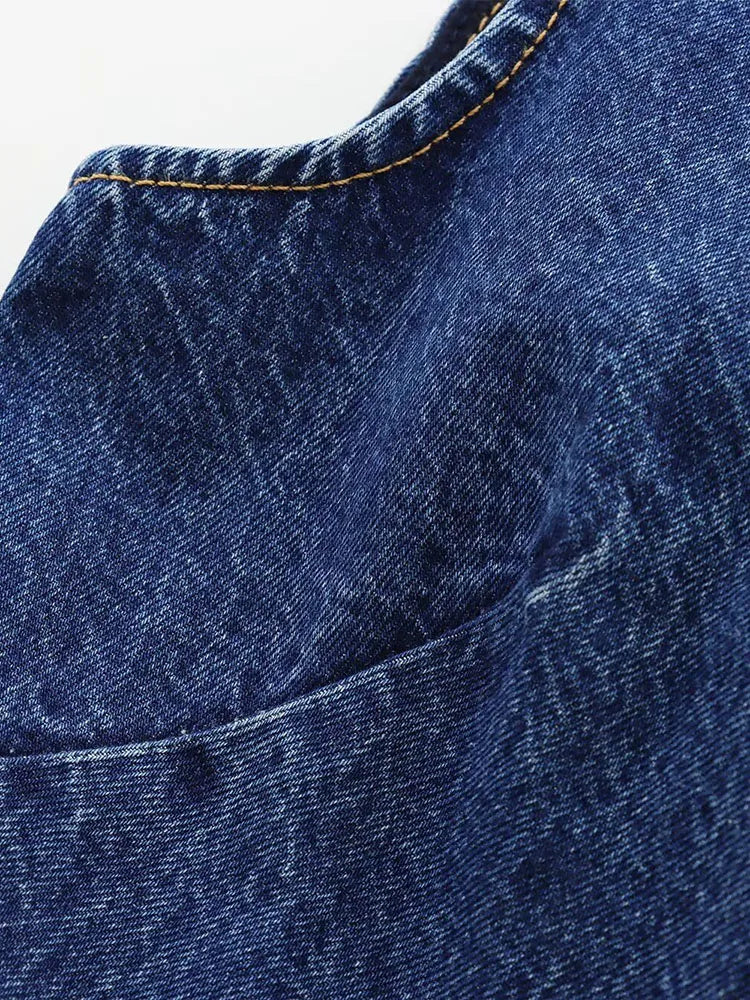 Casual All-match Round Neck Sleeveless Blue Slim Waist Denim Vest