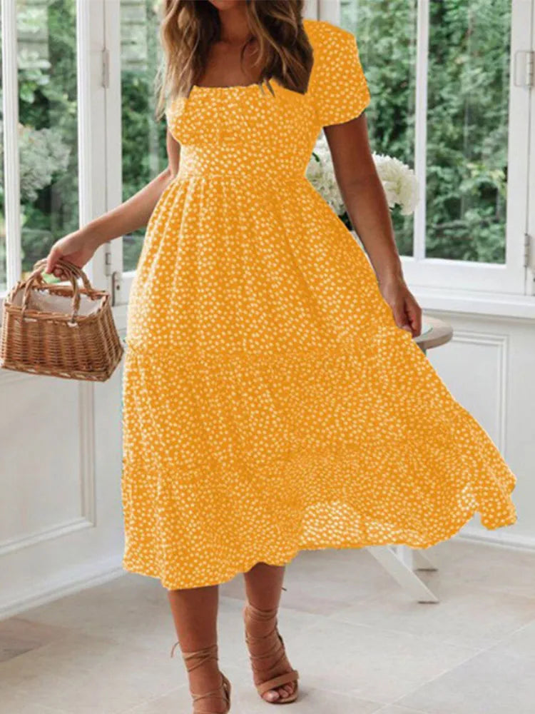 Vintage Print Puff Sleeve summer Beach sweet dresses Casual Square collar floral maxi long dress