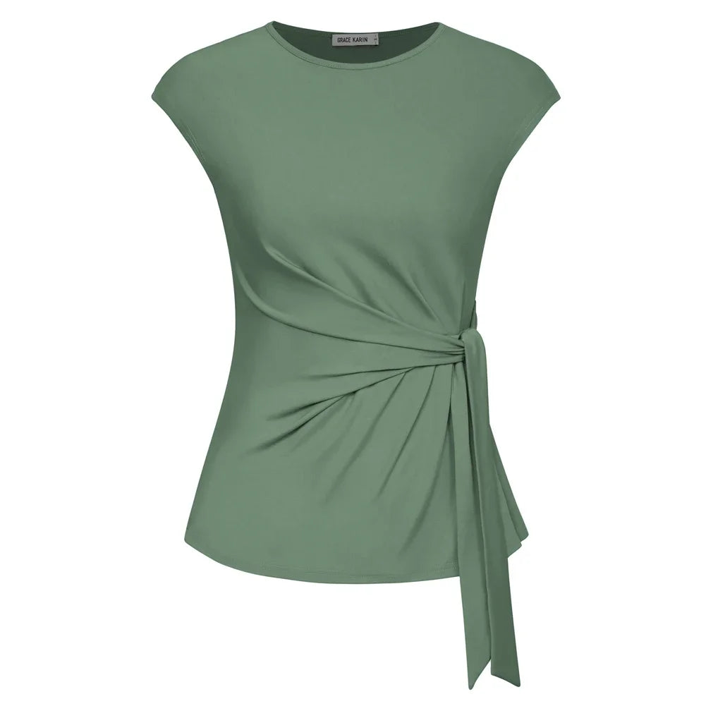 Front Bow Knot  Cap Sleeve Crew Neck Pullover