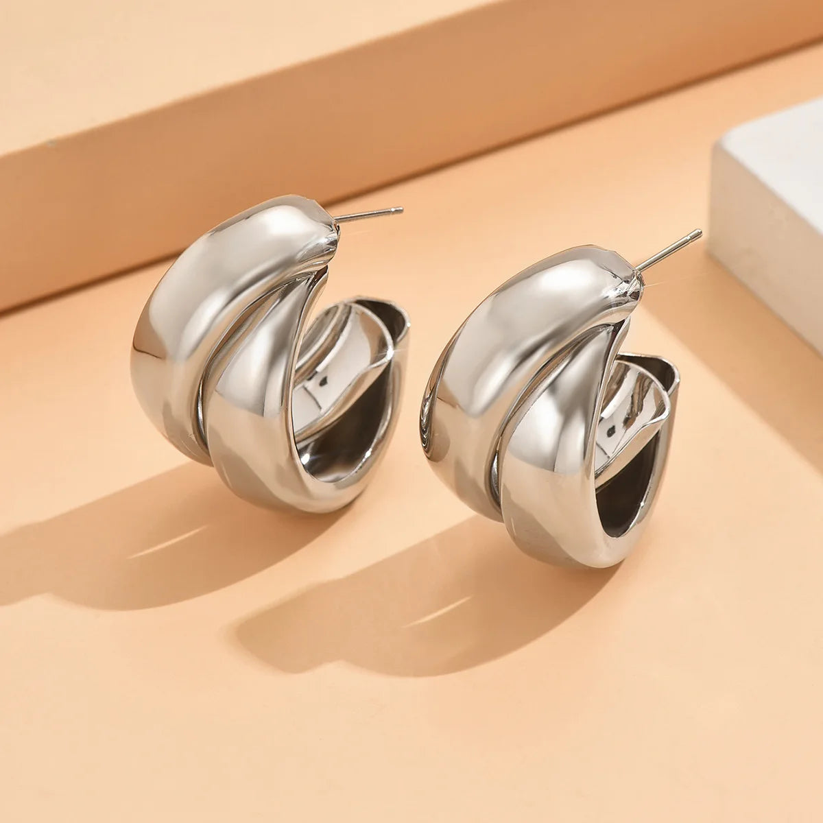 Stainless Steel Chunky Hoop Earrings for Women Gold Color Double Ring Thick Geometric Drop Earrings Statement Jewelry