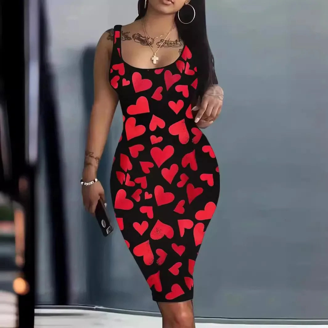 Contrast Heart Print U-Neck Sleeveless Casual Bodycon  Mini Dress
