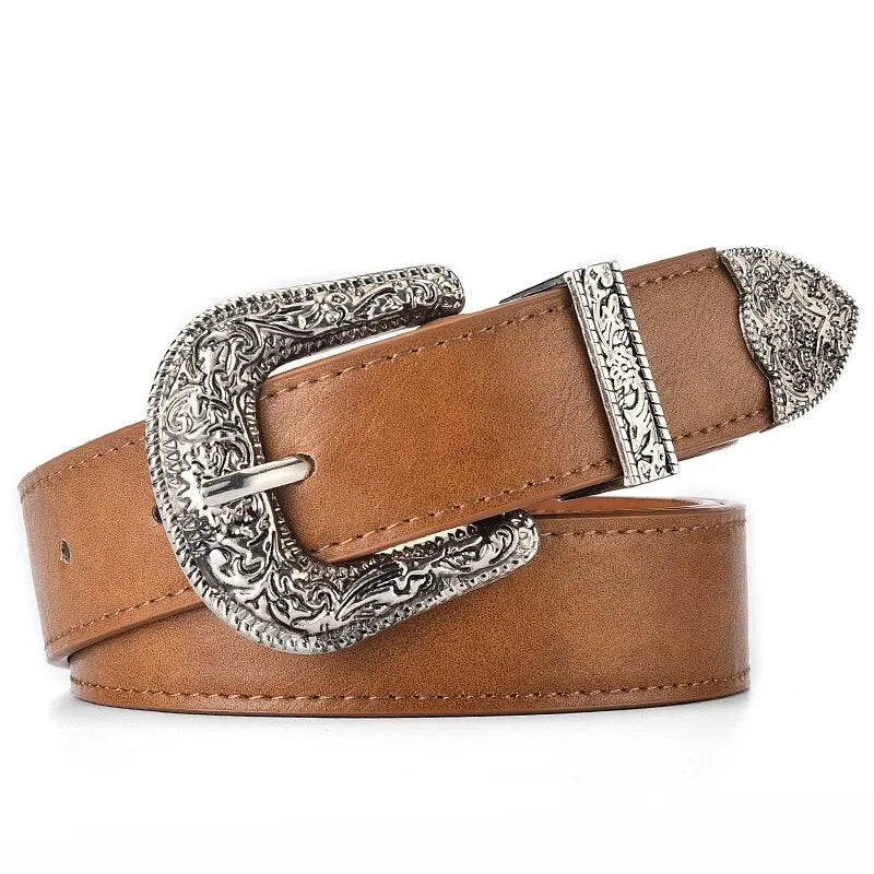 Women's Belt Vintage Carved Needle Buckle Belt Rock Style Jeans Belt PU Leather Belt