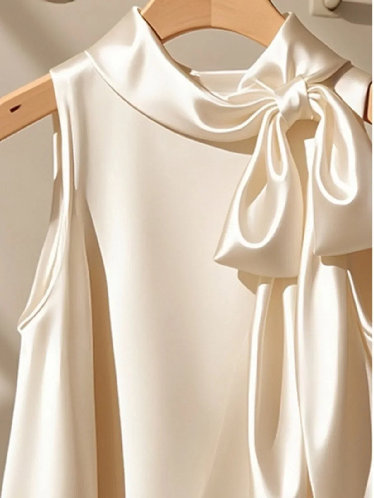 Chic Champagne White Satin Halter Neck Tank Top  French Bow Sleeveless
