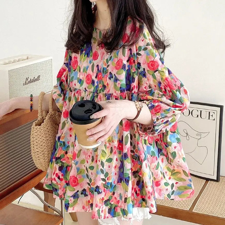 Spring Autumn  Round Neck Long Sleeve Printing Chiffon Blouses
