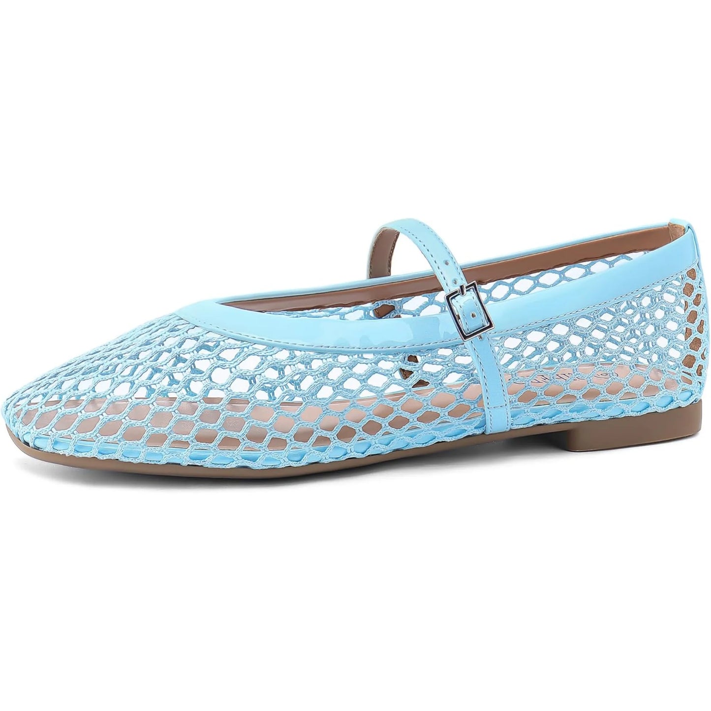 Mesh Ballet Flats for Women Comfortable Square Toe Ballerina Flats Buckle Strap Casual Fishnet Flat Shoes