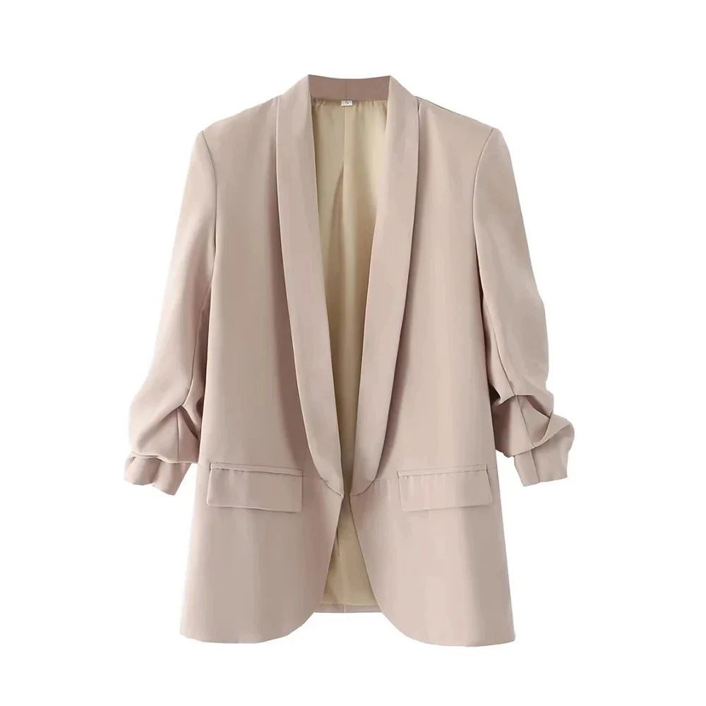 Fashion Office Wear Open Blazer  Vintage Long Pleated Sleeves Flap Pockets Female Outerwear Chic Tops