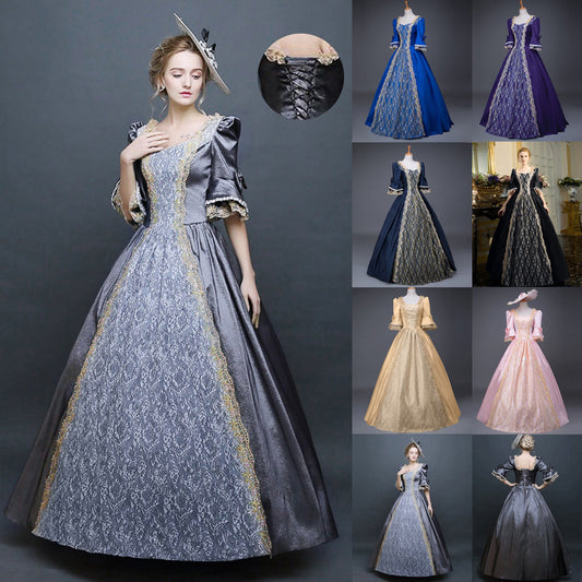 Elegant Temperament Palace Lace Princess Dress Women Medieval Lace Patchwork High Waist Court Dress